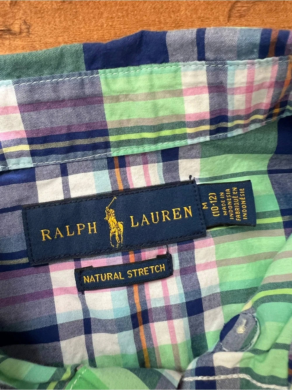 Ralph Lauren Button Down Shirt Boys Medium 10-12 Green Blue Plaid